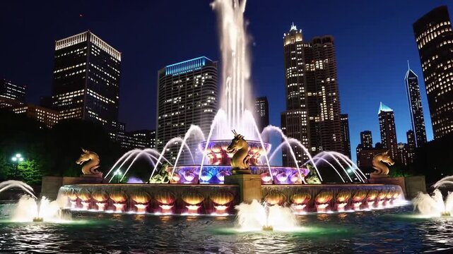 The Buckingham Fountain, located in the city of Chicago The Buckingham Fountain is significant landmark in the center of Grant Park, Chicago. It is among the biggest fountains globally.