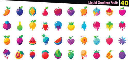 Colorful liquid gradient fruit icons with dripping effects and leaves vector