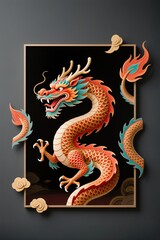 Fototapeta premium A surreal simple frame in dark wall shows Chinese New Year dragon dancing, vibrant scales spilling outside edges
