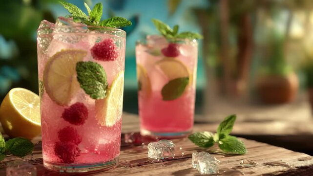 Refreshing Raspberry Lemonade Summer Drinks Beach Vibes, 4k video footage
