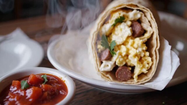 heated breakfast wrap containing egg and sausage close-up view of freshly made hot breakfast burrito filled with eggs, sausage, cheese, tomatoes, cilantro, and accompanied by salsa on the side