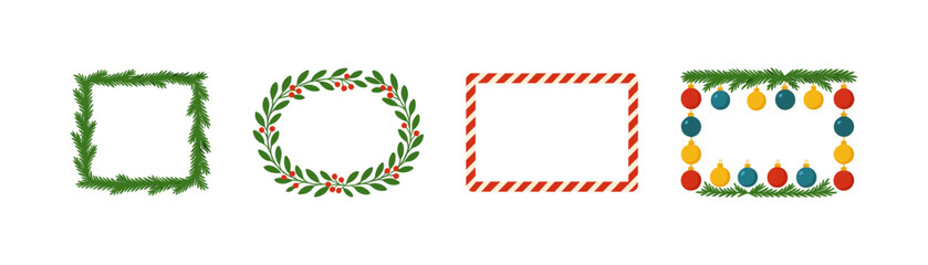 Festive holiday frames featuring evergreen, baubles, and candy cane borders