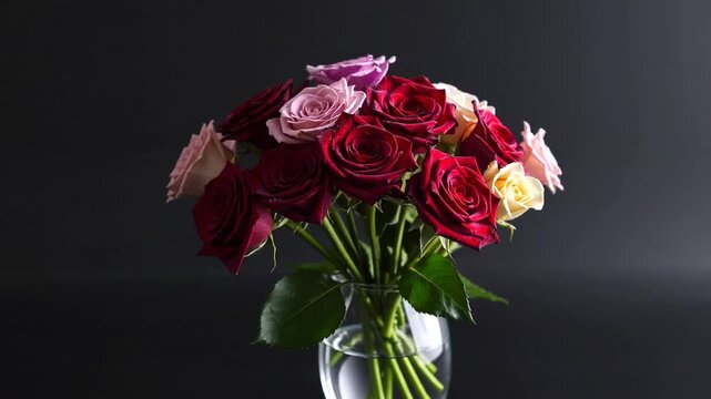 Lovely floral arrangement positioned upon dark backdrop. Arrangement comprising assorted blossoms and crimson roses contained within transparent vessel graphed in low light.
