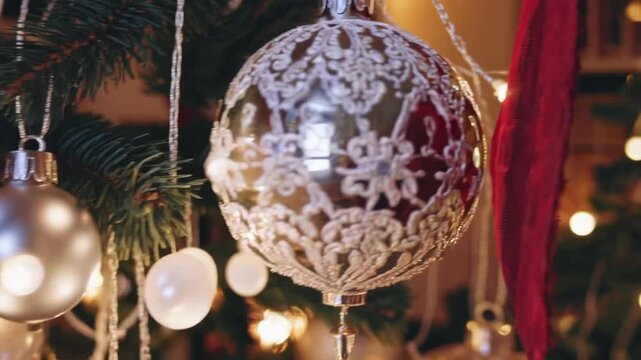 Festive Christmas Living Room Interior Decorated with Large Lit Christmas Tree and Ornaments
