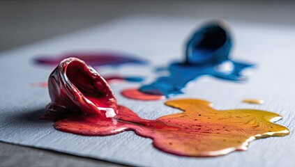 Colorful paint spills on a white surface.