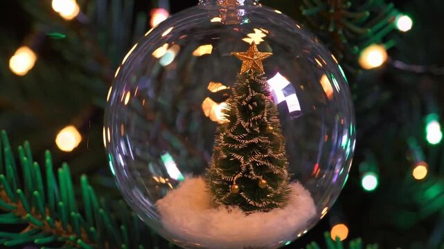 spherical Christmas ornament containing miniature evergreen tree and simulated snow inside of it