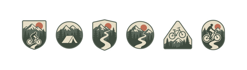 Adventure badges featuring mountains, biking, and camping icons in vintage style