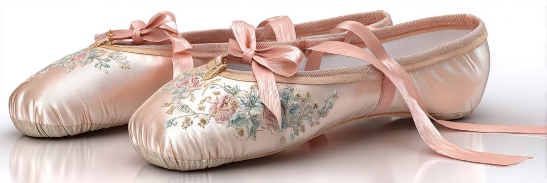 Elegant ballet slippers with intricate floral embroidery resting on a reflective surface in soft natural light - Powered by Adobe