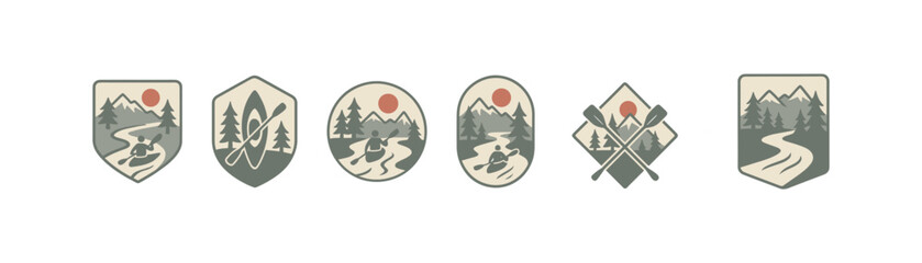 Retro badge designs featuring canoeing landscapes with mountains and sun