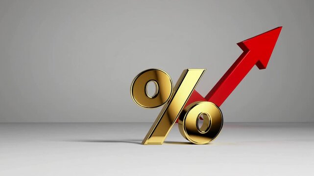 Red Directional Arrow Symbol and Golden Percentage Sign Isolated on Plain White Background