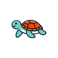 A cheerful cartoon turtle swimming in clear blue water with a vibrant coral reef backdrop