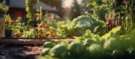 lush, verdant garden, vibrant green foliage, dappled sunlight, wooden fence, rustic charm, organic textures, peaceful atmosphere, nature's serenity, backyard oasis, flourishing plants, natural abundan