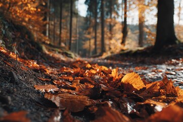 Obraz premium Autumn leaves blanket a forest path in warm sunlight during a tranquil afternoon