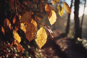 Golden autumn leaves glowing in the sunlight along a tranquil woodland path during an early morning