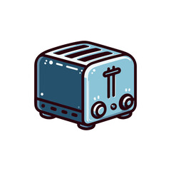 A colorful, cartoon-style toaster with dials and slots, set against a simple white background