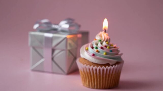 Happy Birthday! Composition with delicious cupcake on pink background Happy Birthday! Composition with delicious cupcake on pink background gift