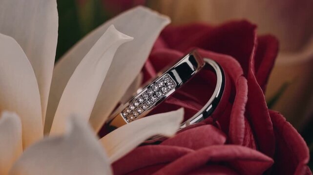 detailed close up graph of matrimonial bands placed amidst floral arrangements