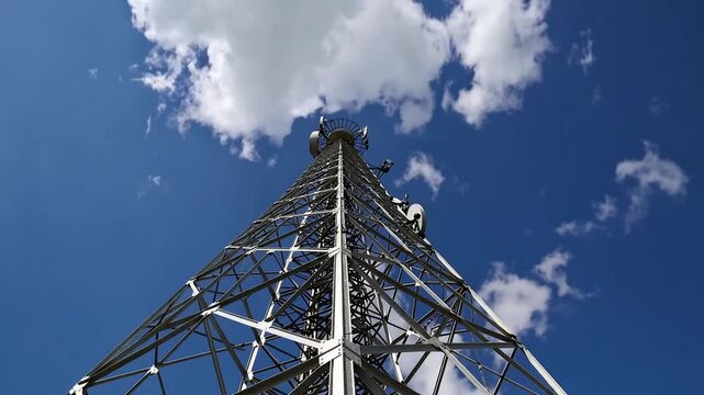 tall communication mast against clear azure sky, representing concepts of connectivity and information transmission