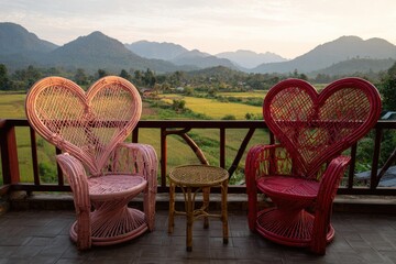 Heart-shaped wicker chairs on a balcony overlooking a valley