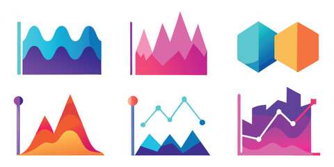 Six Colorful Gradient Graphs and Charts with Geometric Shapes and Line Data finance business