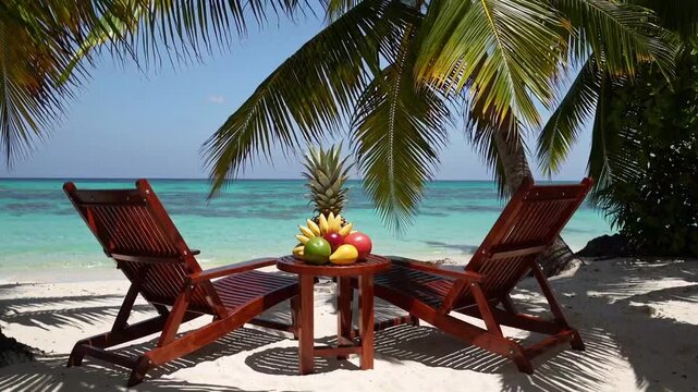Teak reclining chairs and table laden with exotic fruits on tropical seaside shore