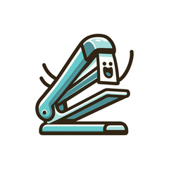 A cheerful cartoon stapler with a smiling face, joyfully engaged in stapling papers in a bright office setting
