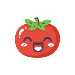 A cheerful cartoon tomato with a smiling face and green leaves on top, isolated on a white background