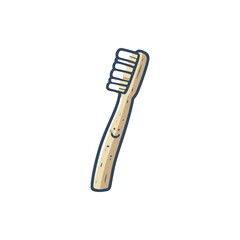 A cheerful wooden toothbrush with a smiling face, showcasing eco-friendly dental care