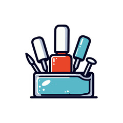 A colorful collection of nail polish bottles and tools arranged in a stylish organizer