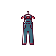 A pair of blue overalls hanging on a wooden hanger against a plain white background