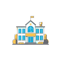 A colorful illustration of a school building with trees and a flag, depicting a lively educational environment