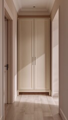 Fototapeta premium Minimalist pastel shoe cupboard glowing faintly painted softly in muted tones across tidy hallway