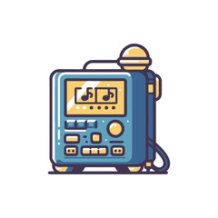 A colorful retro karaoke machine with microphone, set against a vibrant party background