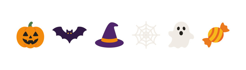 Playful halloween icons: pumpkin, ghost, candy, bat, witch hat, and web