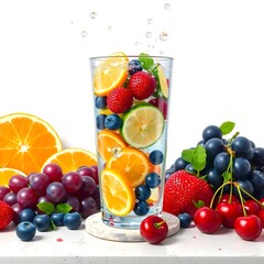 Vibrant Fruit Infusion: Glass with Orange, Berries & Citrus in Carbonated Bubbles on Terrazzo Base - Floating Mid-Air Fruit Scatter