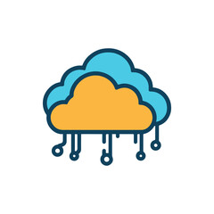 A stylized illustration of a colorful cloud with dripping raindrops against a white background
