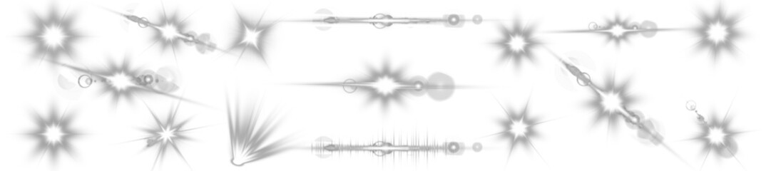 Bright lens flare vector collection. Transparent glow effects, star flashes, shiny rays and glowing light spots for photo overlays, digital design, nature sunshine, sky illumination, and decoration. © Felicety