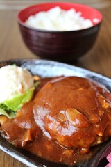 Hamburg steak with mushroom demi-glace in Tokyo, Japan