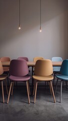 Pastel dining chairs arranged neatly glowing faintly in muted tones across minimalist dining area