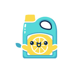 A playful lemon character peeking from a colorful detergent bottle against a white background