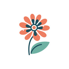 A vibrant illustration of a flower with colorful petals and a green leaf against a white background