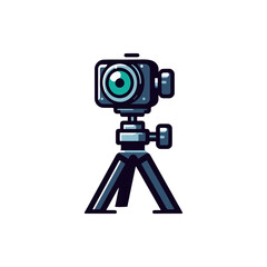 A sleek camera mounted on a tripod, ready for photography in a bright studio setting