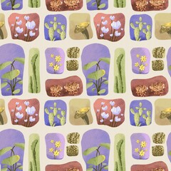 Hand-painted seamless watercolor pattern featuring botanical elements such as flowers, cactus, leaves and mushrooms. Perfect for textile, fabric, wallpaper, wrapping paper, and surface design.