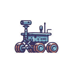 A stylized robotic rover exploring a distant planet's surface with wheels and sensors