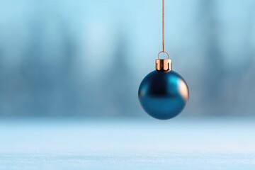 Blue ornament hangs delicately against soft, wintry background,
