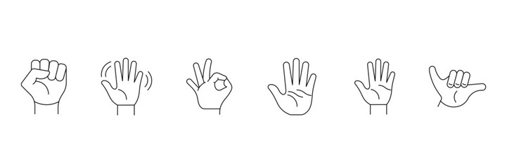 hand gestures, fist, wave, ok sign, stop, shaka, icon vector illustration