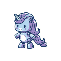 A whimsical robotic unicorn character standing proudly, showcasing its unique design and vibrant colors