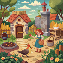 Charming fairy tale village scene with a girl well and cute animals in a lush garden vector
