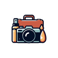 A vintage camera with a cleaning spray and briefcase, set against a minimalist backdrop