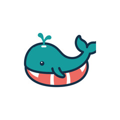 Cartoon whale floating in a colorful lifebuoy, set against a white background, playful design